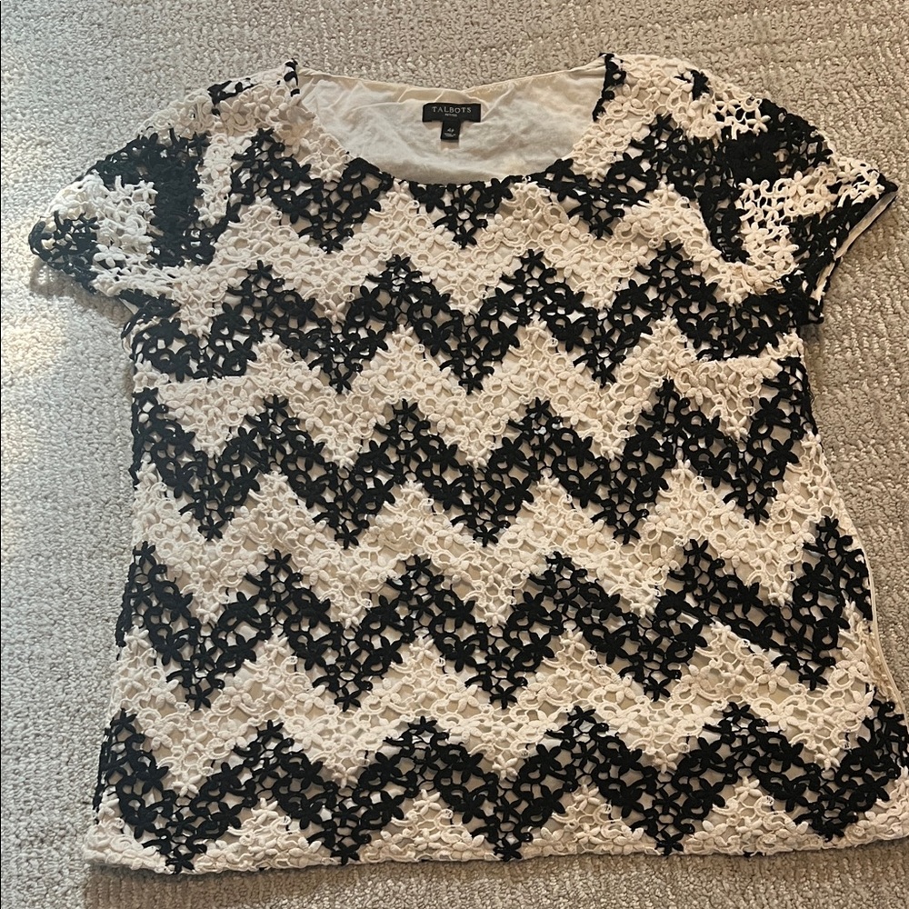 Talbots Black and White Lace Chevron Blouse